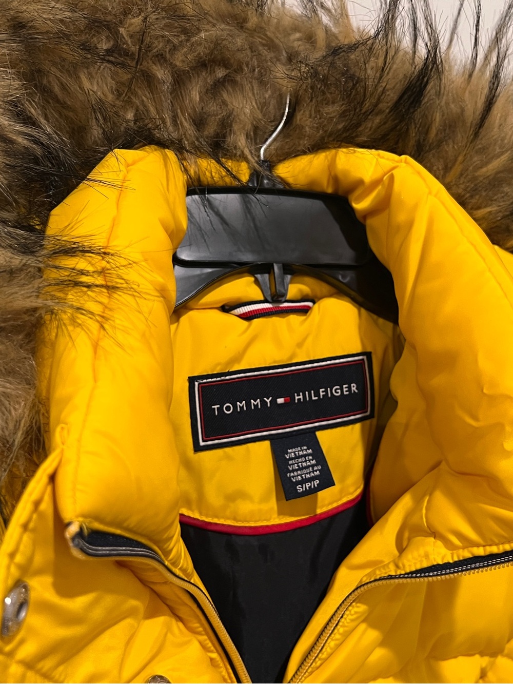 Tommy Hilfiger Yellow Midi Puffer Winter Jacket Faux Fur Hood - Picture 6 of 9